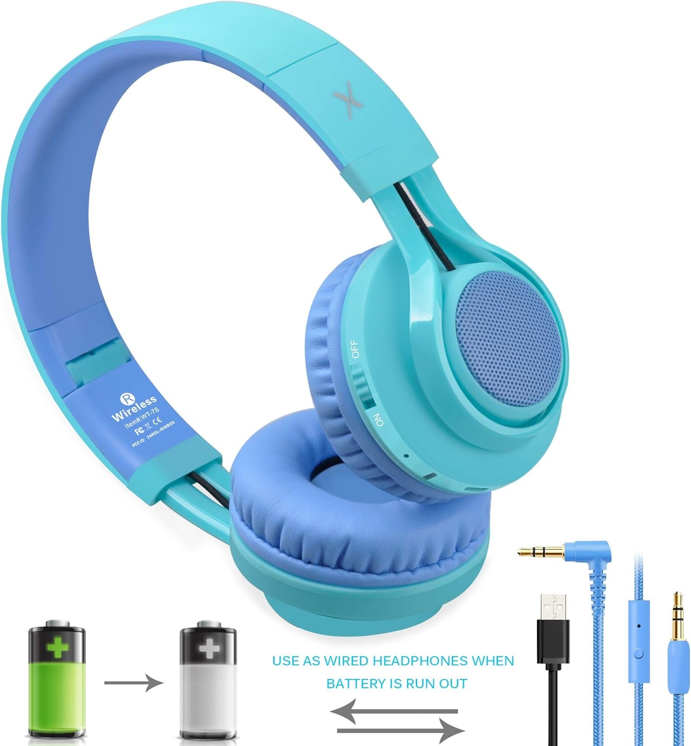 WT-7S Kids Bluetooth Headphones, LED Light up Wireless Foldable Stereo Headset with Microphone and Volume Control for Pc/Tablet/Tv/Travel (Blue)