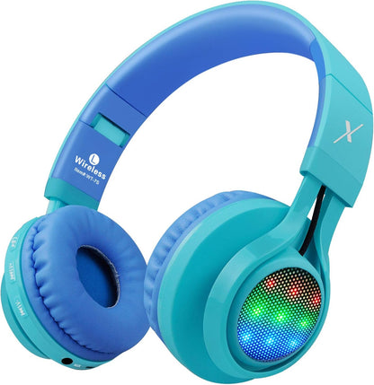WT-7S Kids Bluetooth Headphones, LED Light up Wireless Foldable Stereo Headset with Microphone and Volume Control for Pc/Tablet/Tv/Travel (Blue)