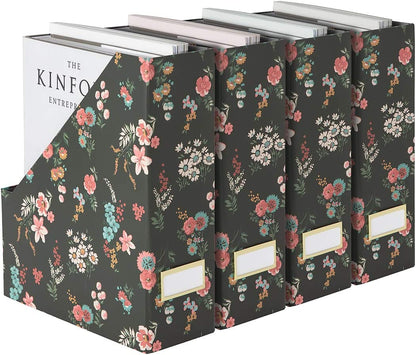 Set of 4 Foldable Magazine File Boxes with Black Floral Design and Gold Label Holders for Stylish Desk and Shelf Organization - Cute Magazine Holder Set for School, Classroom, Home, Office