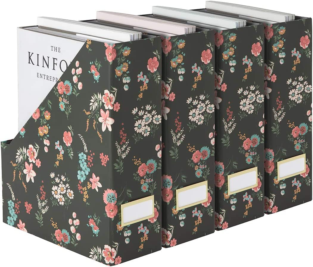 Set of 4 Foldable Magazine File Boxes with Black Floral Design and Gold Label Holders for Stylish Desk and Shelf Organization - Cute Magazine Holder Set for School, Classroom, Home, Office